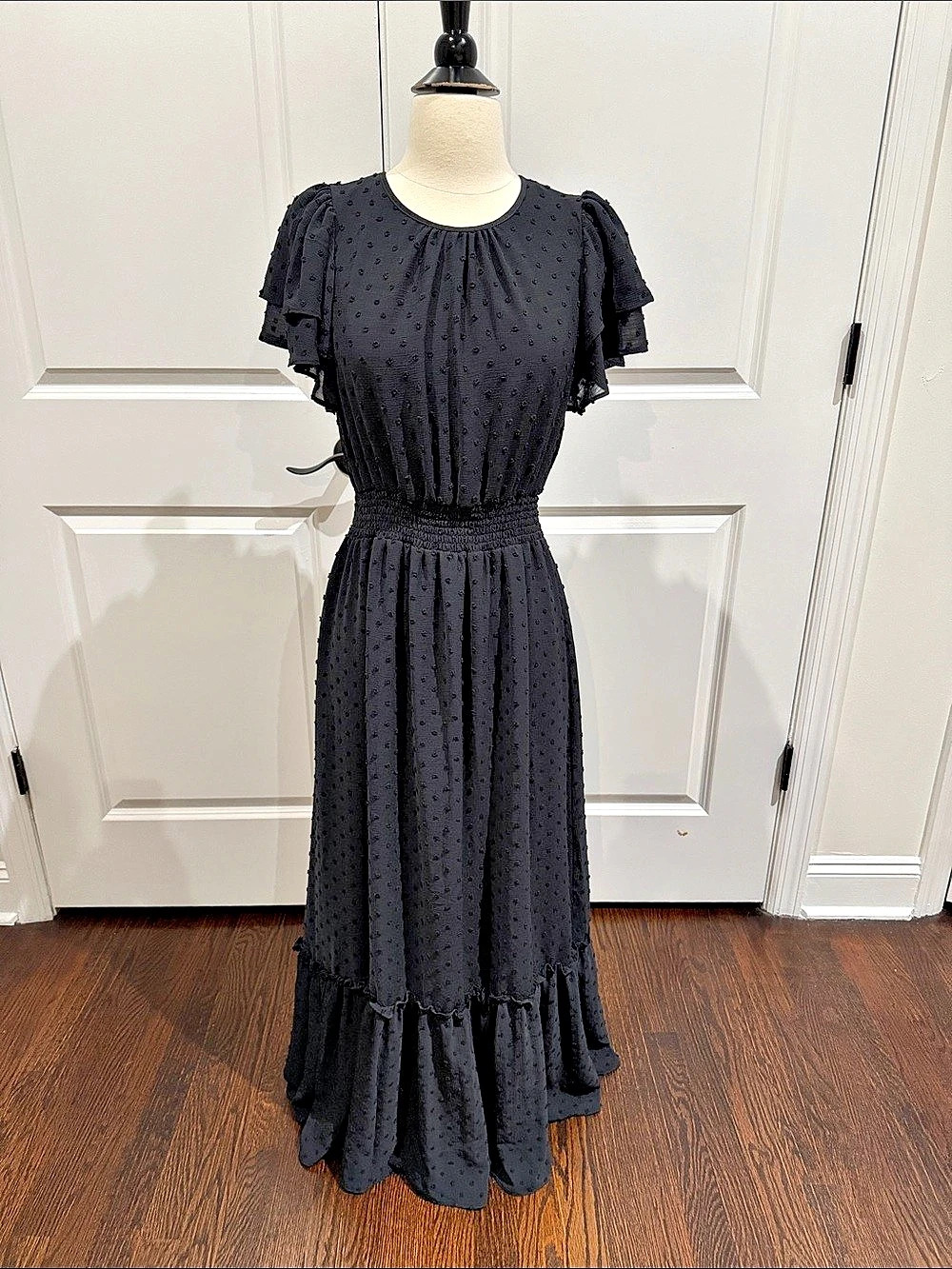 CeCe Flutter Sleeve Swiss Dot Chiffon Maxi Dress Black Small